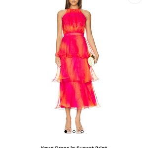 REVOLVE Pink Ruffled Tiered Midi Dress by Yaya Dress in Sunset Print